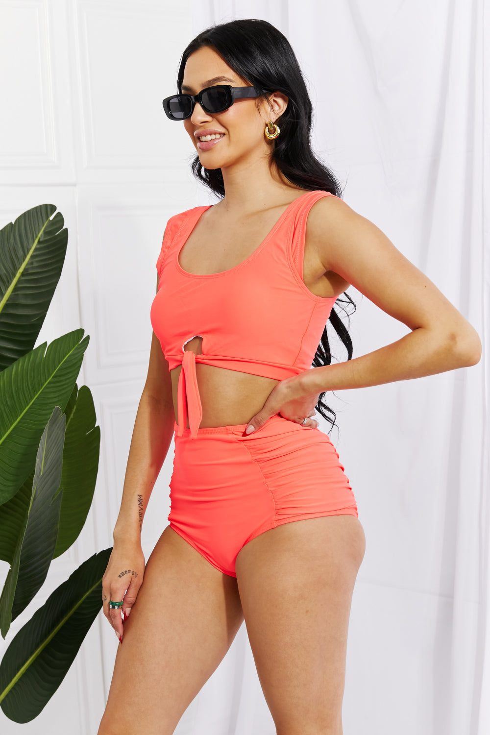 Marina West Swim Sanibel Crop Swim Top and Ruched Bottoms Set in Coral-Jewearrings