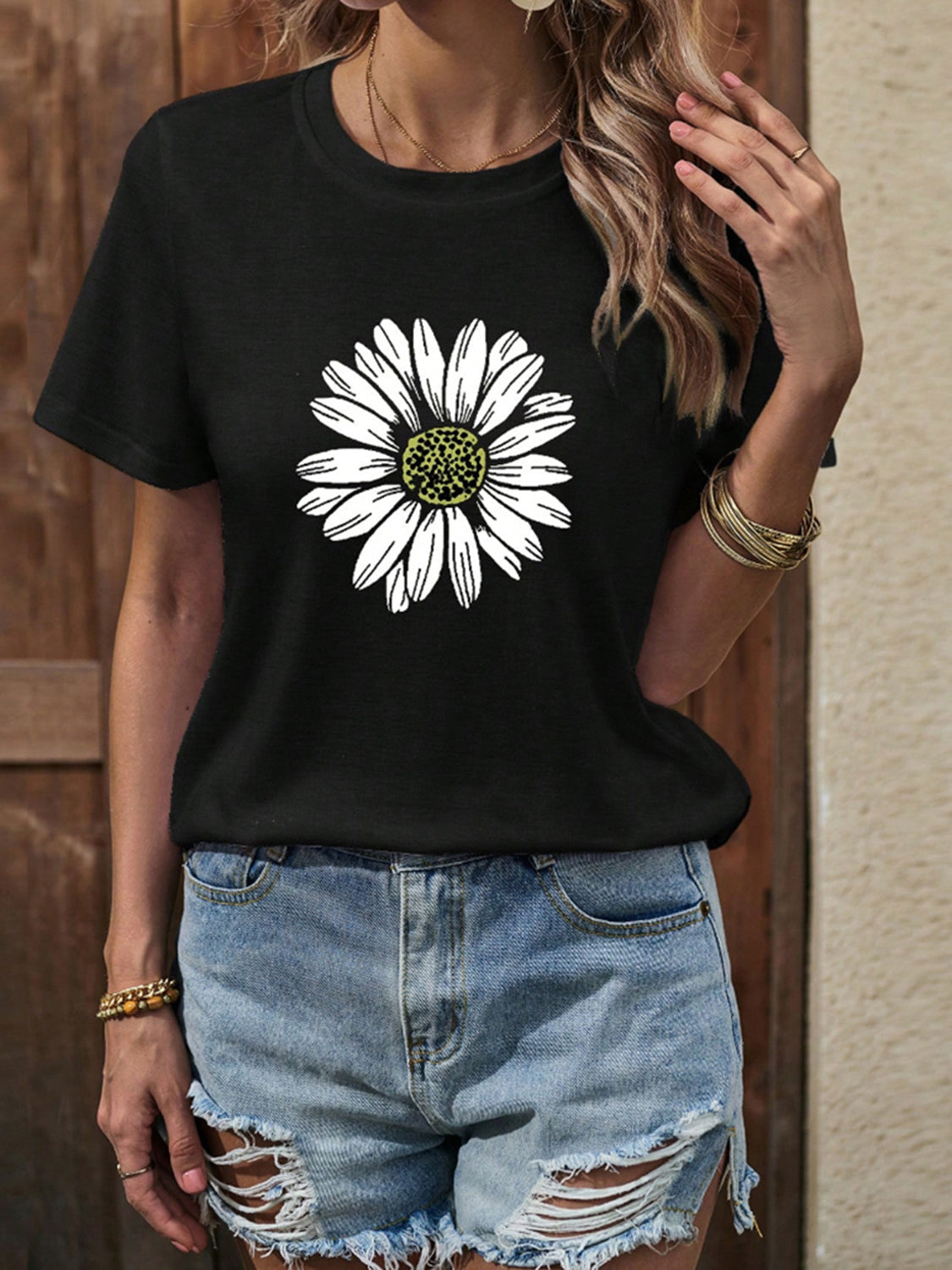 Sunflower Graphic Round Neck T-Shirt-Jewearrings