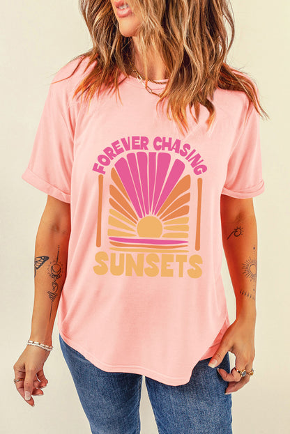 FOREVER CHASING SUNSETS Round Neck T-Shirt-Jewearrings