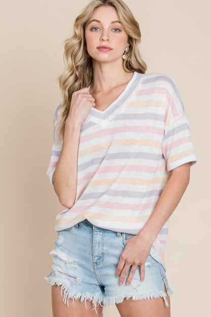 BOMBOM Striped V-Neck Short Sleeve T-Shirt-Jewearrings