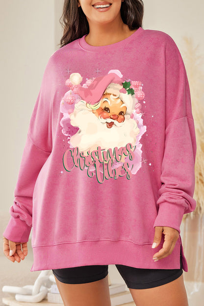 Plus Size Santa Claus Graphic Round Neck Long Sleeve Slit Sweatshirt-Jewearrings