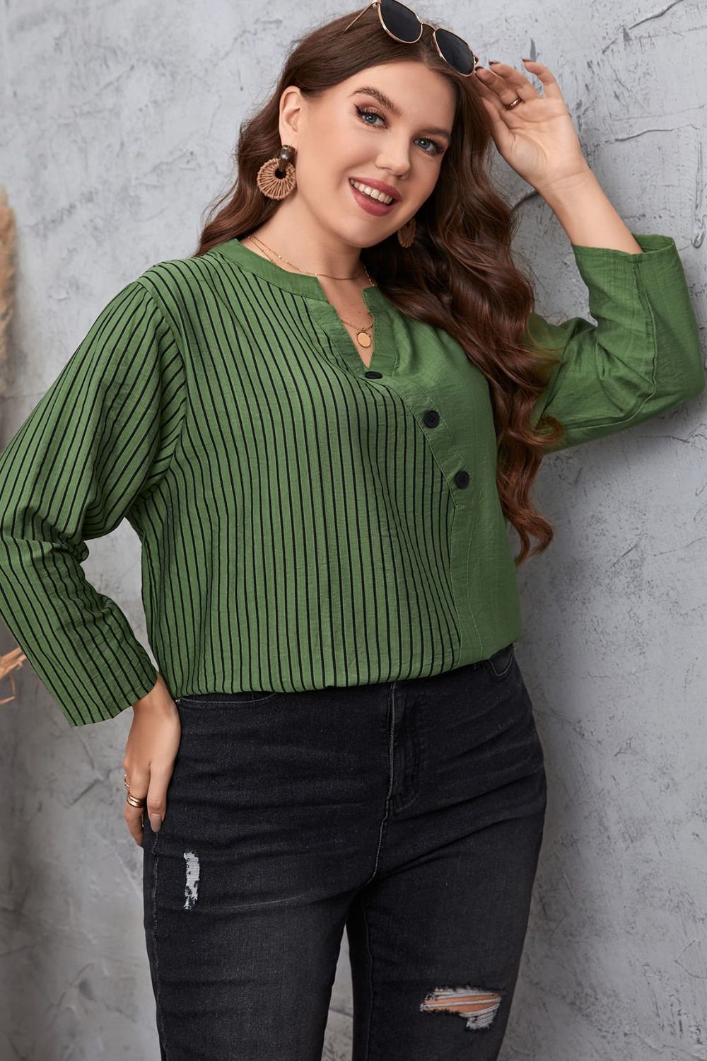 Plus Size Striped Notched Neck Top-Jewearrings