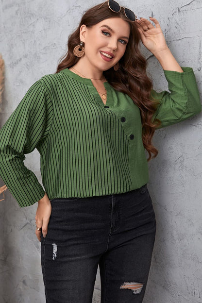 Plus Size Striped Notched Neck Top-Jewearrings