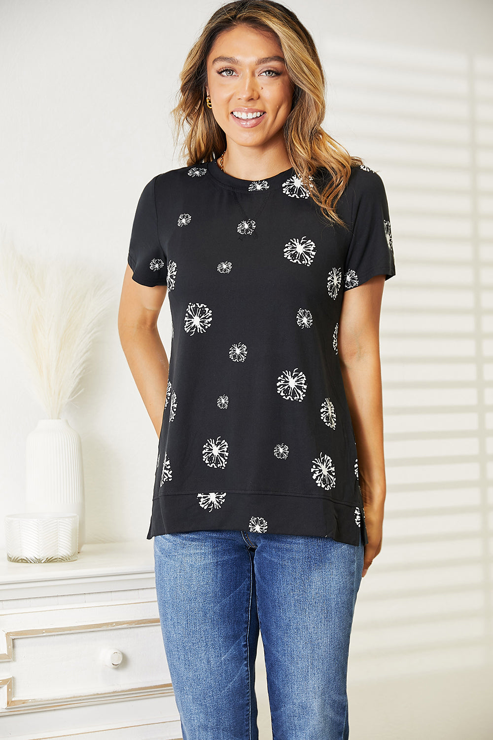 Double Take Dandelion Print Round Neck T-Shirt-Jewearrings