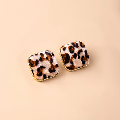 Fashion Square Leopard Print Corduroy Stud Earrings For Women-Jewearrings