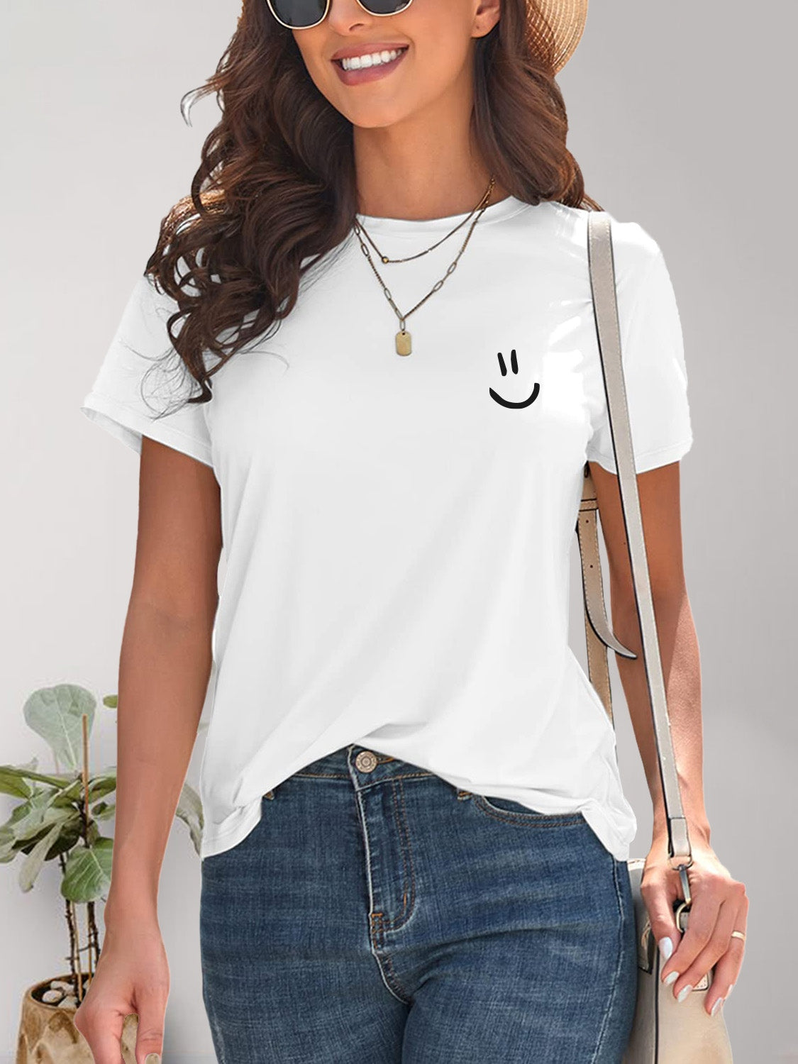 Smile Graphic Round Neck Short Sleeve T-Shirt-Jewearrings