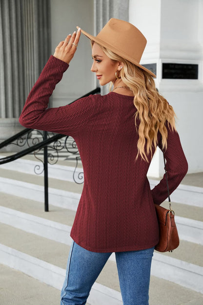 Cable-Knit Long Sleeve V-Neck T-Shirt-Jewearrings