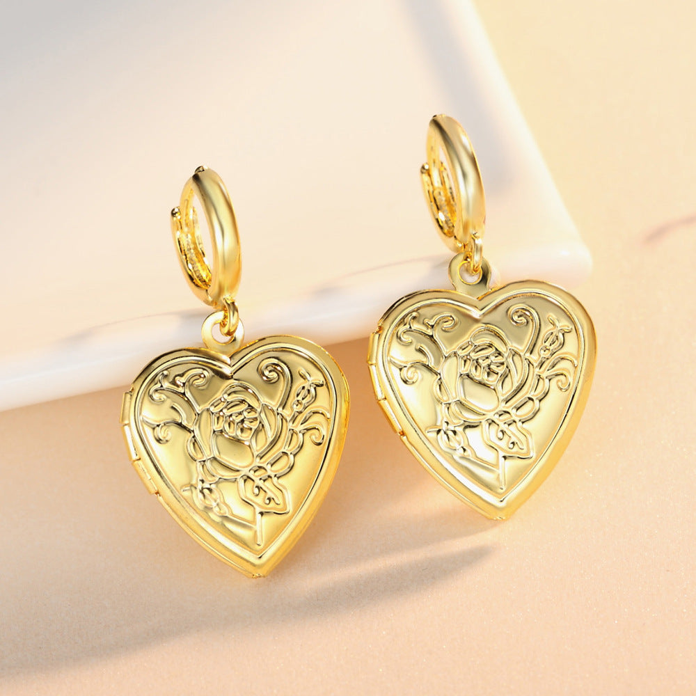 Explosive Silver-plated Heart-shaped Female Photo Box Love Earrings-Jewearrings