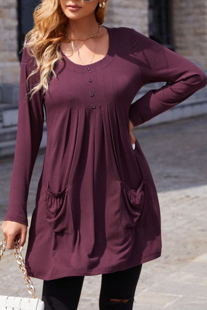 Ruched Pocketed Decorative Button Round Neck T-Shirt-Jewearrings