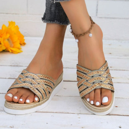 Rhinestone Open Toe Wedge Sandals-Jewearrings