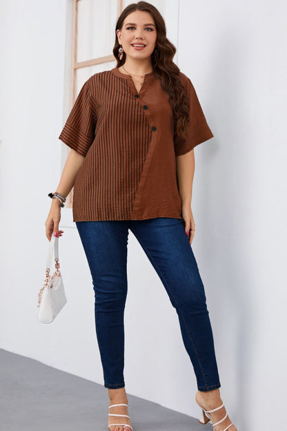 Plus Size Striped Notched Neck Half Sleeve Top-Jewearrings