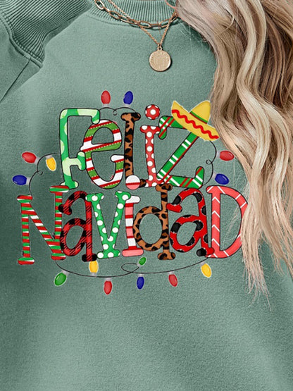 FELIZ NAVIDAD Round Neck Drop Shoulder Sweatshirt-Jewearrings