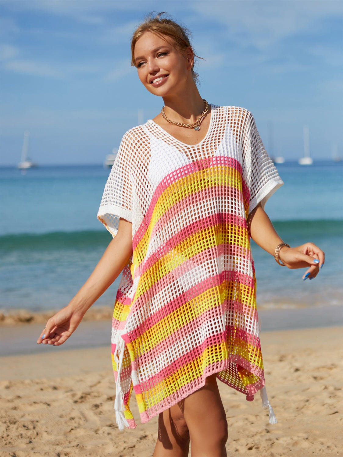 Cutout Striped Cover-Up with Tassel-Jewearrings