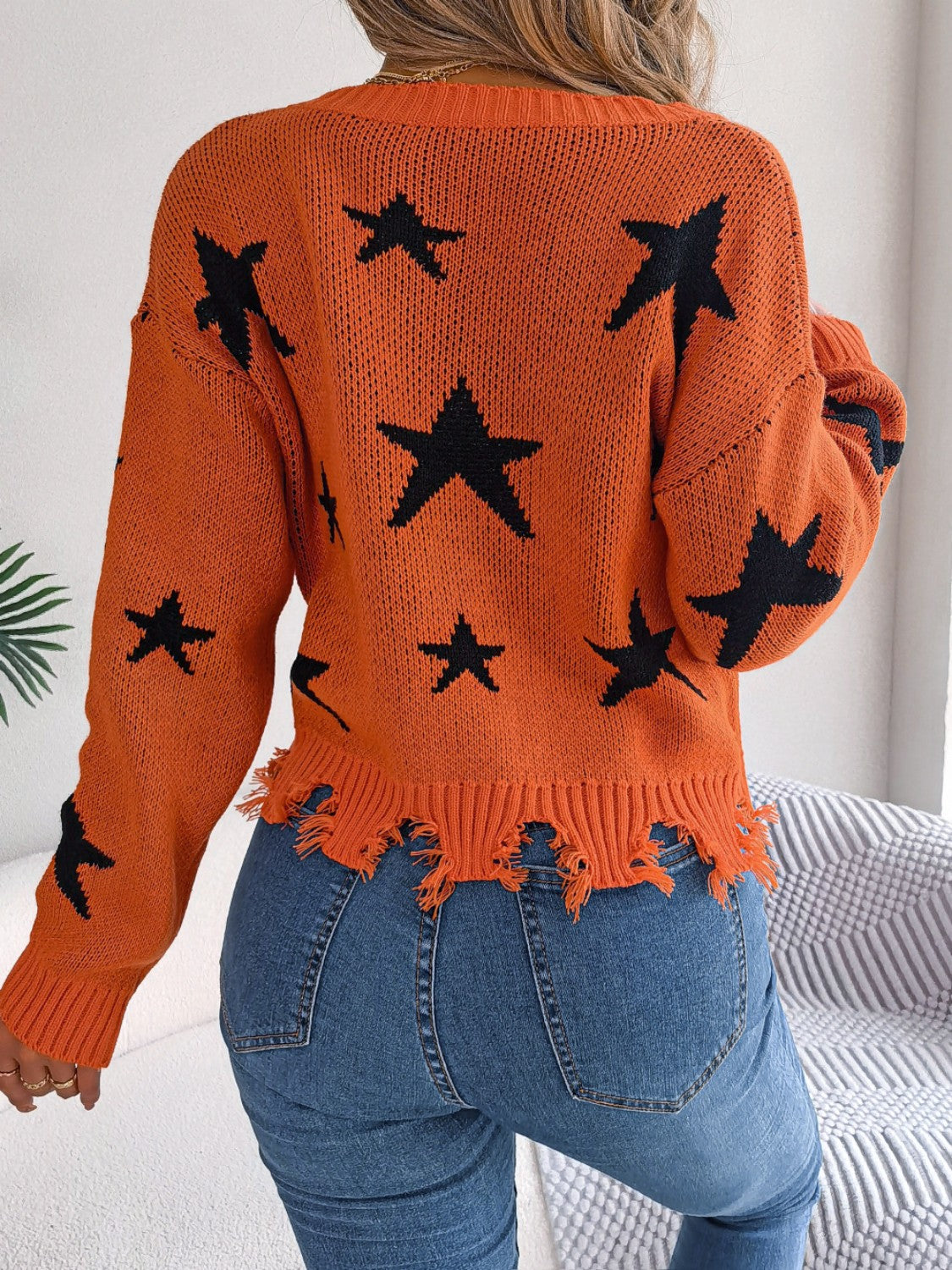 Star Pattern Distressed V-Neck Cropped Sweater-Jewearrings