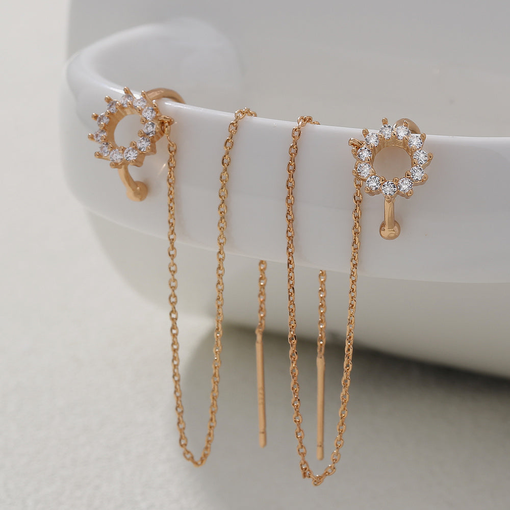 New Korean Super Fairy Ear Thread Female Fashion Personality Round Copper Micro Set Zircon Ear Studs Earbone Clip Chain Simple Style Long Earrings-Jewearrings