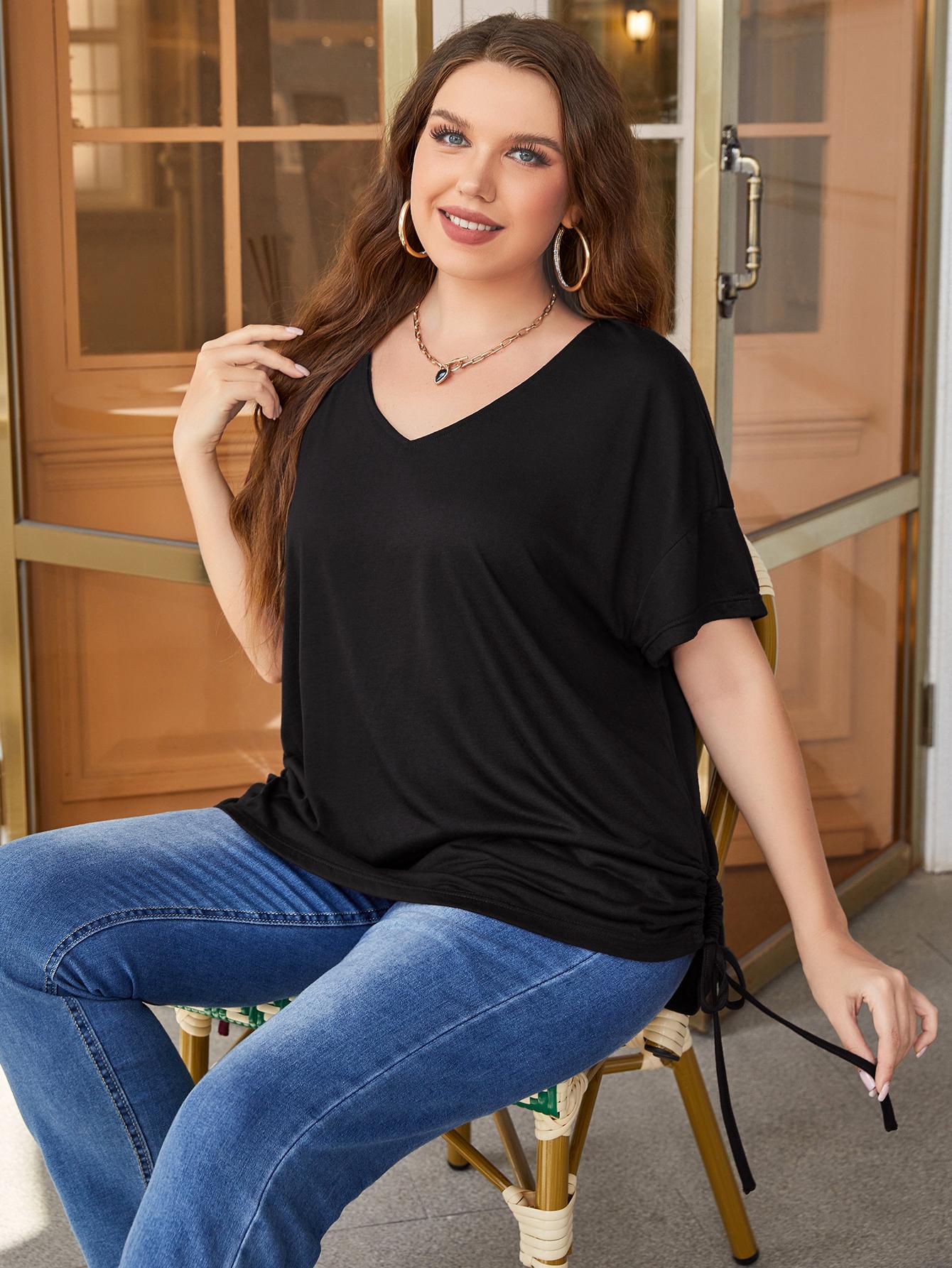 Plus Size Drawstring V-Neck Short Sleeve Blouse-Jewearrings