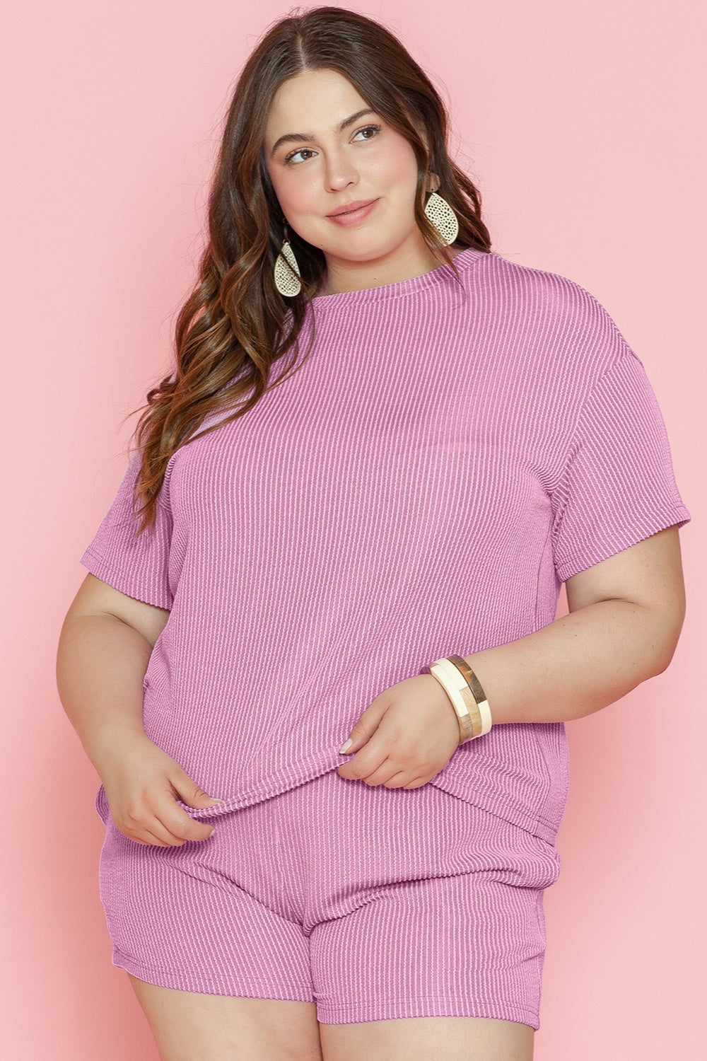 Plus Size Round Neck Short Sleeve Top and Shorts Set-Jewearrings