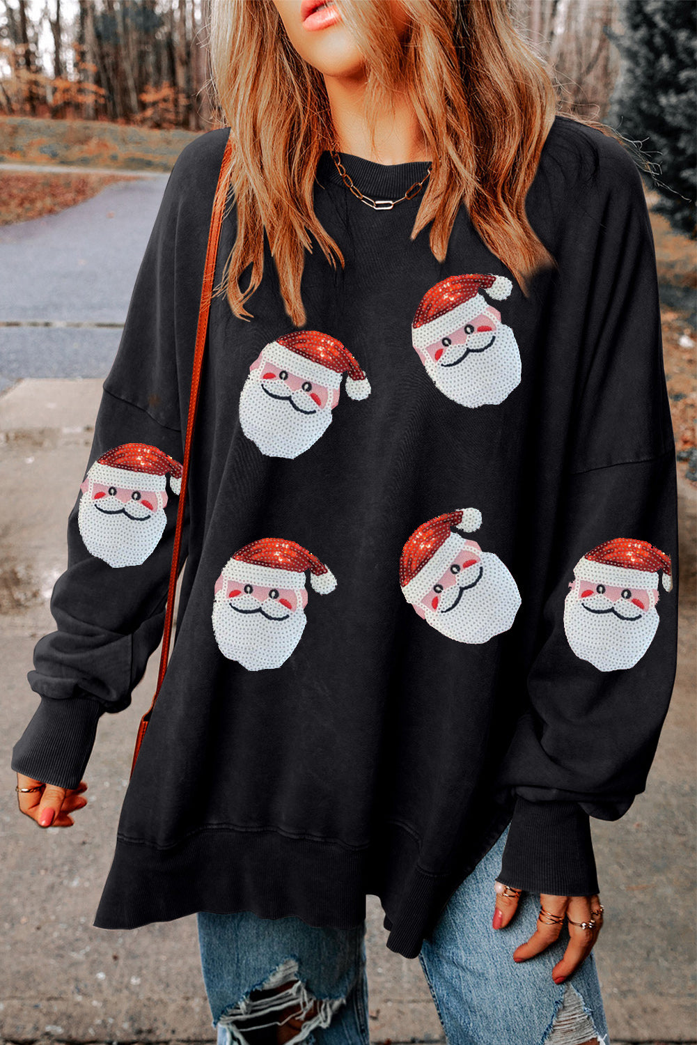 Sequin Santa Round Neck Slit Sweatshirt-Jewearrings