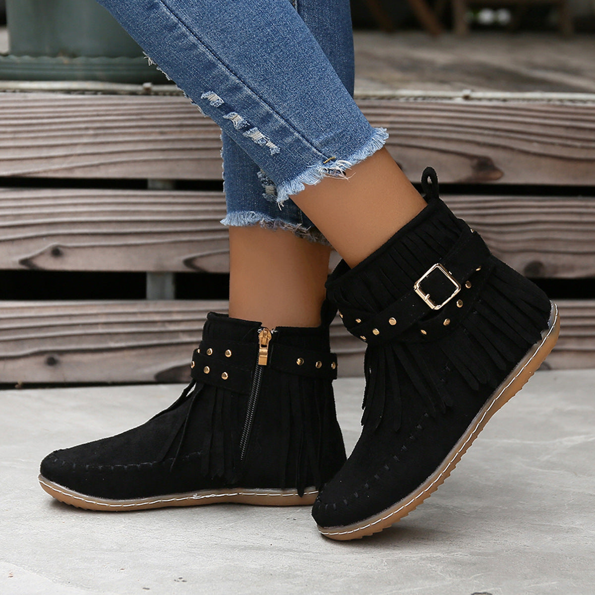 Studded Fringe Round Toe Boots-Jewearrings