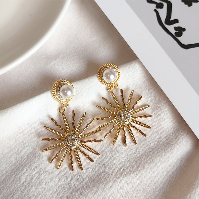 Retro Earrings Factory Direct Sunflower Wave Shaped Pearl Earrings-Jewearrings