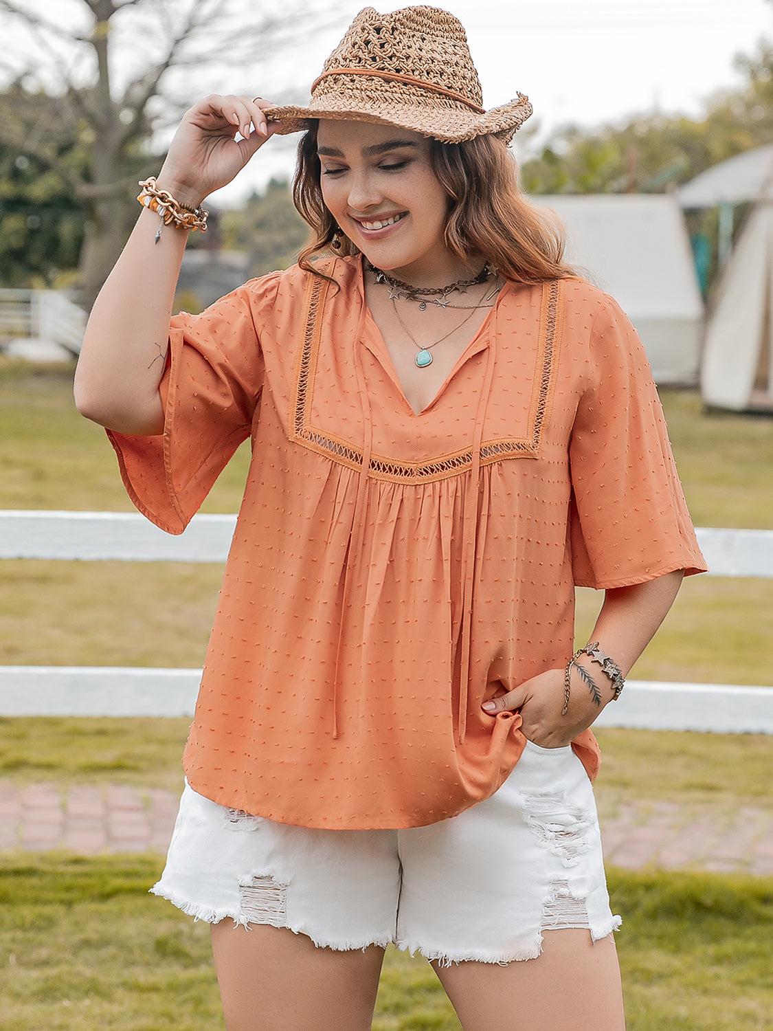 Plus Size Ruched Tie Neck Half Sleeve Blouse-Jewearrings