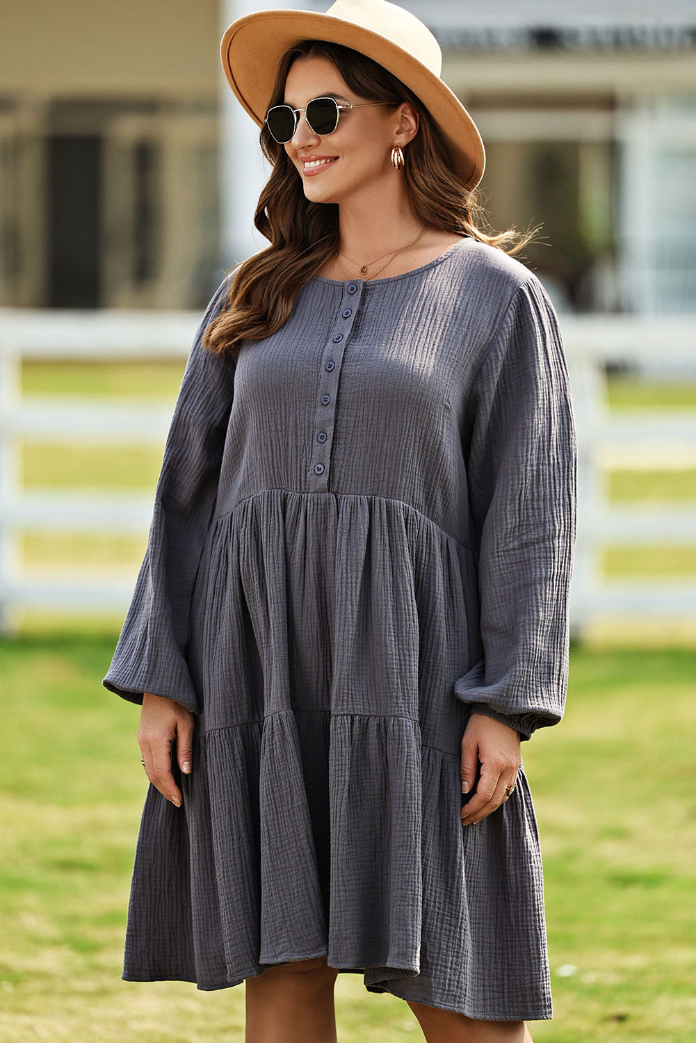 Plus Size Textured Balloon Sleeve Tiered Dress-Jewearrings