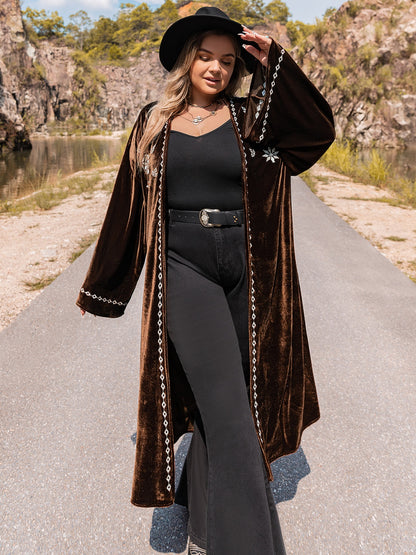 Plus Size Embroidery Open Front Long Sleeve Cardigan-Jewearrings