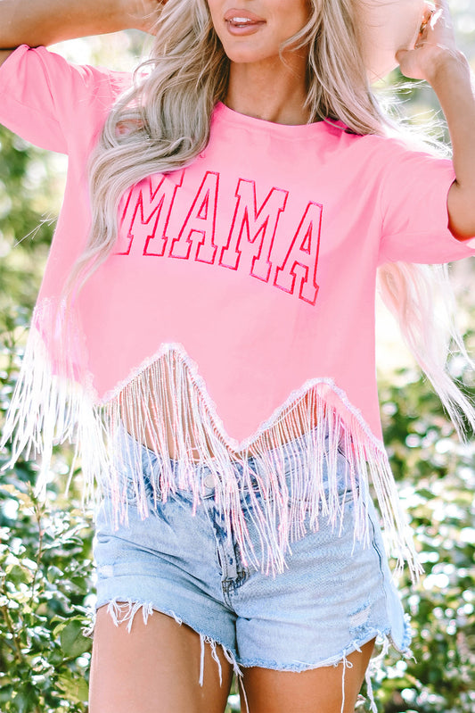 MAMA Sequin Fringe Round Neck T-Shirt-Jewearrings