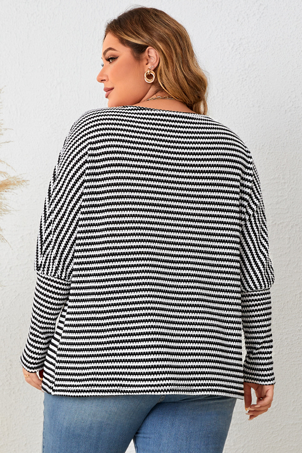 Plus Size Striped Long Sleeve Top-Jewearrings