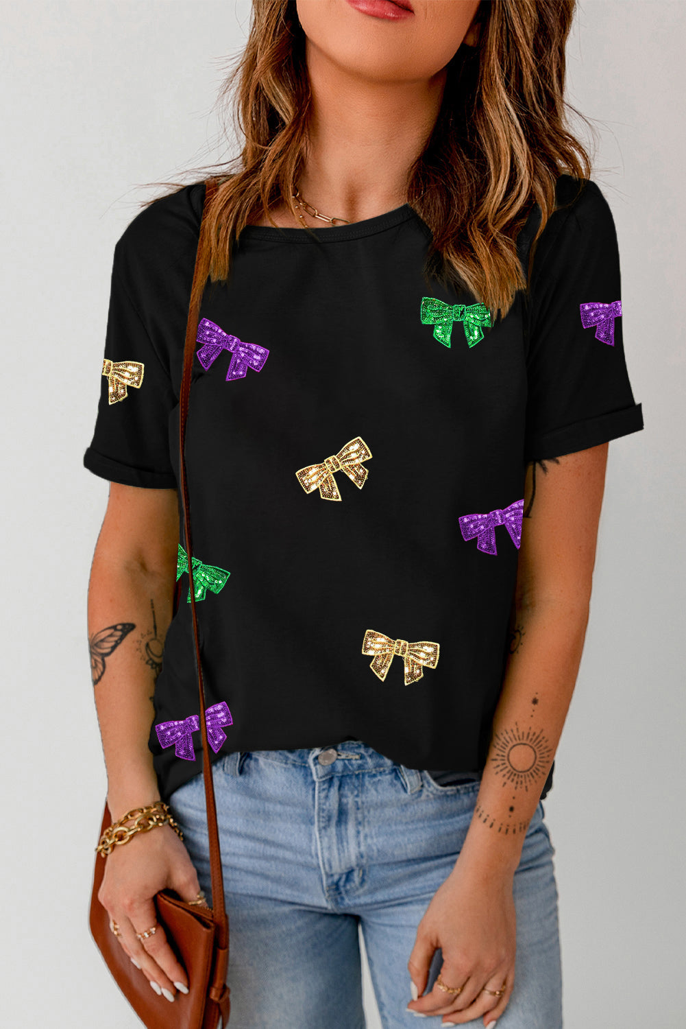 Bow Print Sequin Round Neck Short Sleeve T-Shirt-Jewearrings