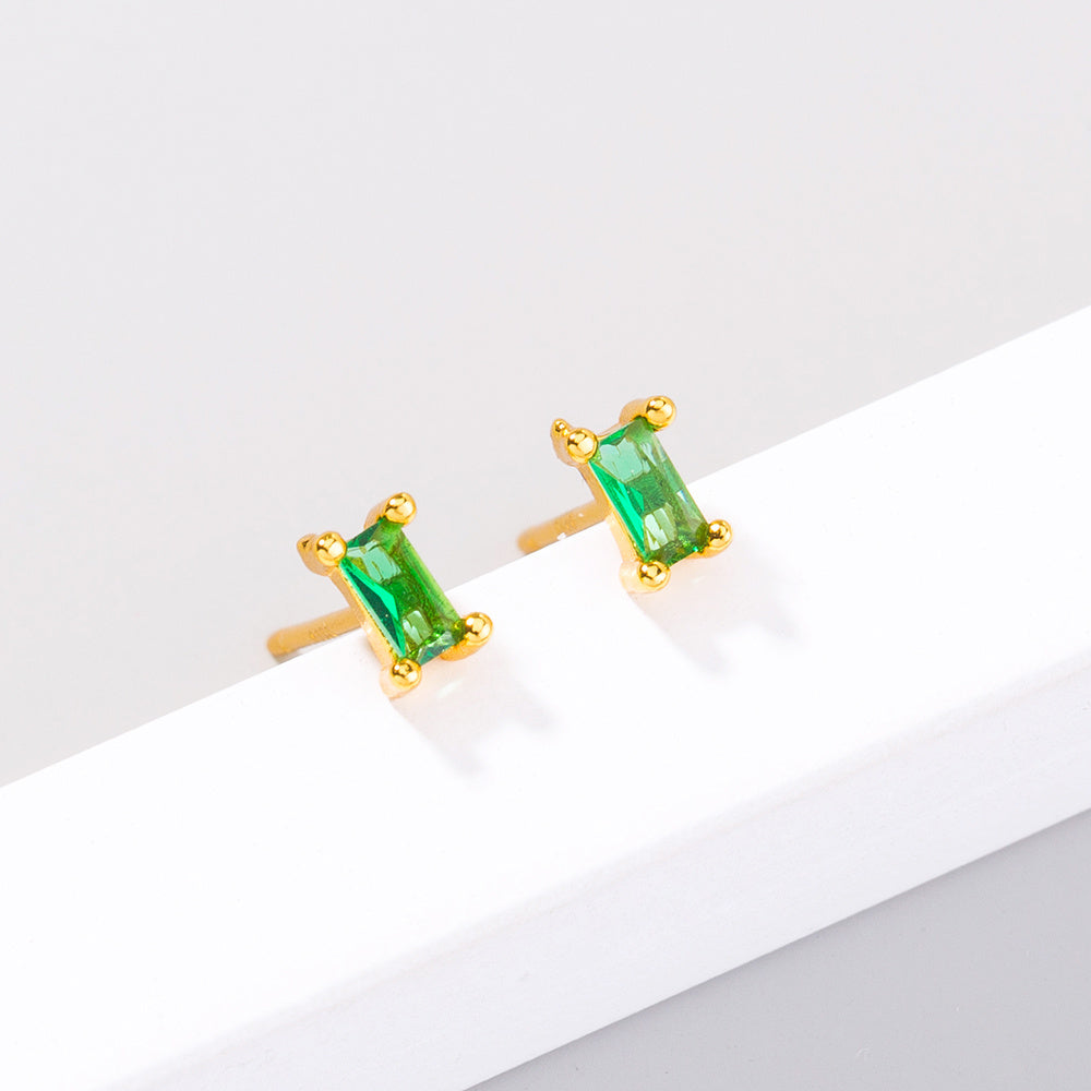 European and American mini rectangular small zircon earrings emerald green cold wind mini temperament earrings earrings-Jewearrings