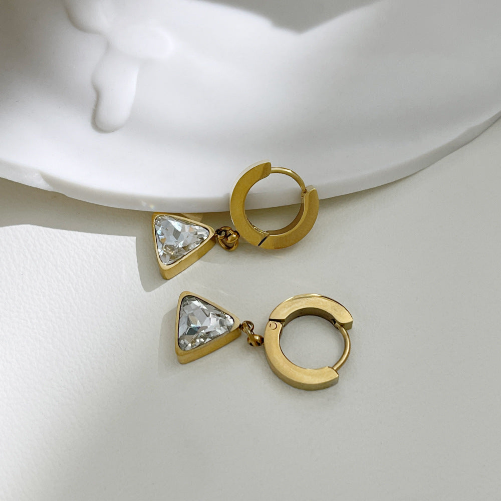 Women's Gold Triangle Zircon Drop Hoop Earrings-Jewearrings