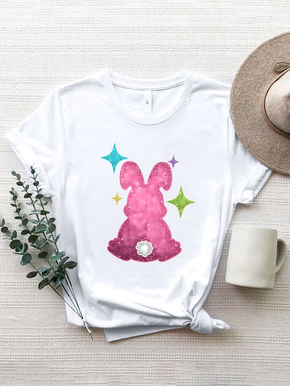 Rabbit Round Neck Short Sleeve T-Shirt-Jewearrings