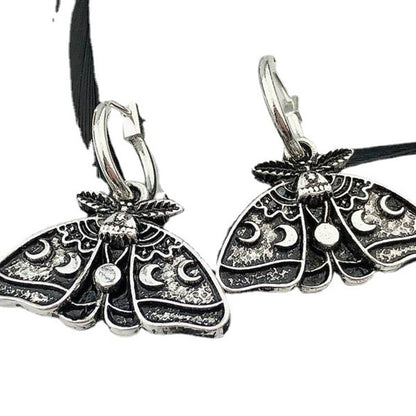 Women's Silver Sun Moon Moth Drop Earrings-Jewearrings