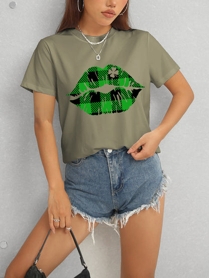 Plaid Lip Graphic Round Neck T-Shirt-Jewearrings