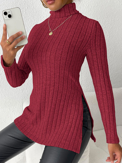 Ribbed Turtleneck Long Sleeve Slit T-Shirt-Jewearrings