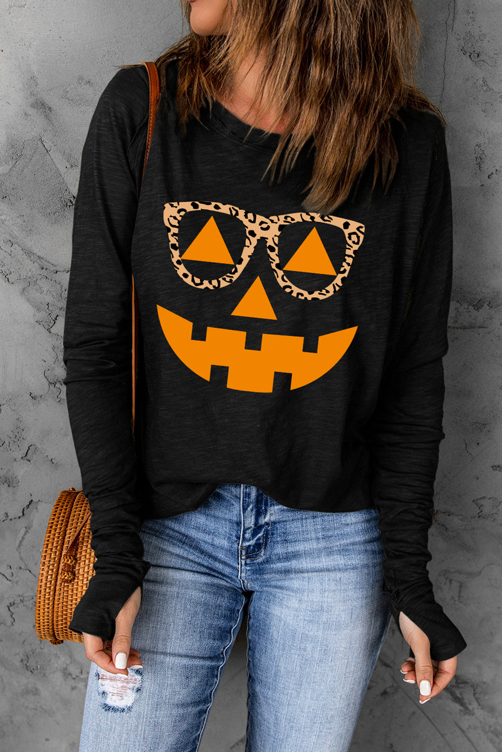 Pumpkin Face Graphic Long Sleeve T-Shirt-Jewearrings