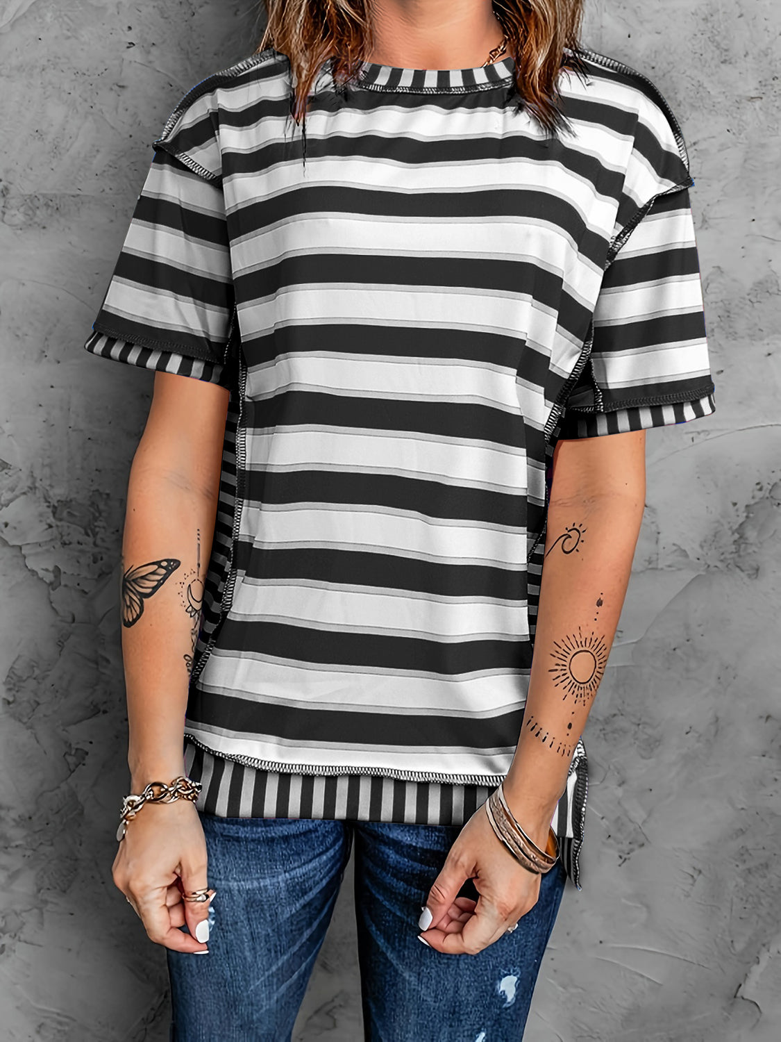 Full Size Contrast Stitching Striped Round Neck T-Shirt-Jewearrings