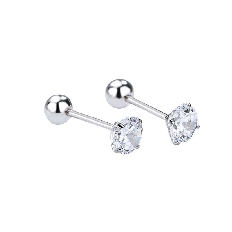 S925 Sterling Silver Zircon Four-claw Round Beads Thread Stud Earrings Female Screw Tightening Buckle Ear Bone Stud Simple Fashion Ear Jewelry-Jewearrings