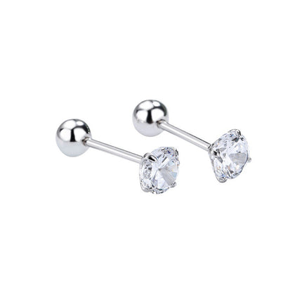 S925 Sterling Silver Zircon Four-claw Round Beads Thread Stud Earrings Female Screw Tightening Buckle Ear Bone Stud Simple Fashion Ear Jewelry-Jewearrings