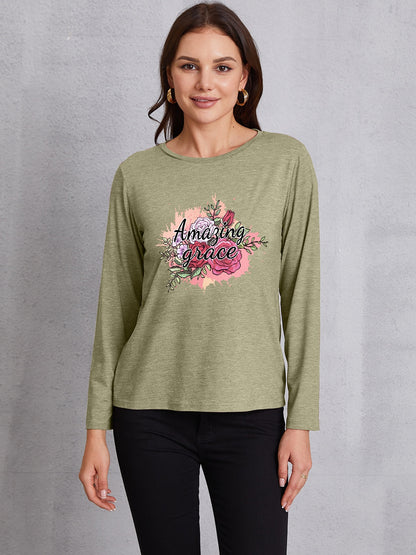 AMAZING GRACE Round Neck Long Sleeve T-Shirt-Jewearrings