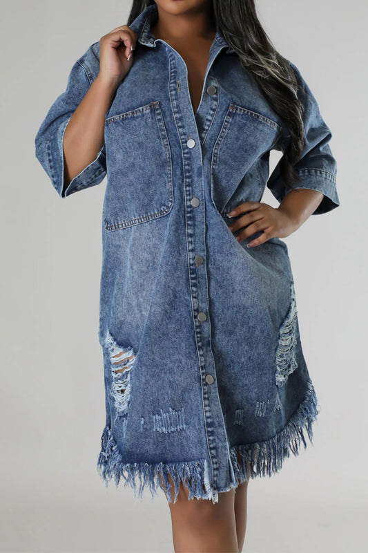 Distressed Raw Hem Button Up Denim Dress-Jewearrings