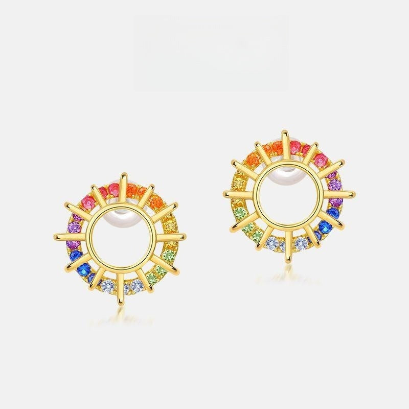 S925 Sterling Silver Rainbow Stud Earrings Full Of Colorful Zircon Sun Earrings-Jewearrings