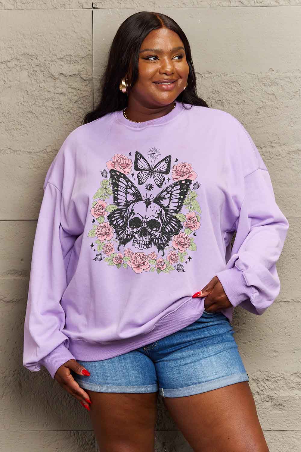 Simply Love Simply Love Full Size Skull Butterfly Graphic Sweatshirt-Jewearrings