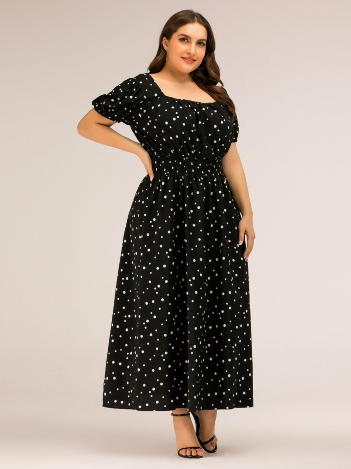 Plus Size Polka Dot Square Neck Dress-Jewearrings