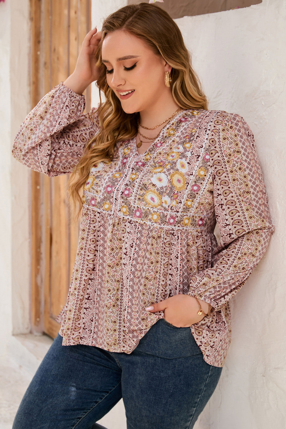 Plus Size V-Neck Printed Long Sleeve Blouse-Jewearrings