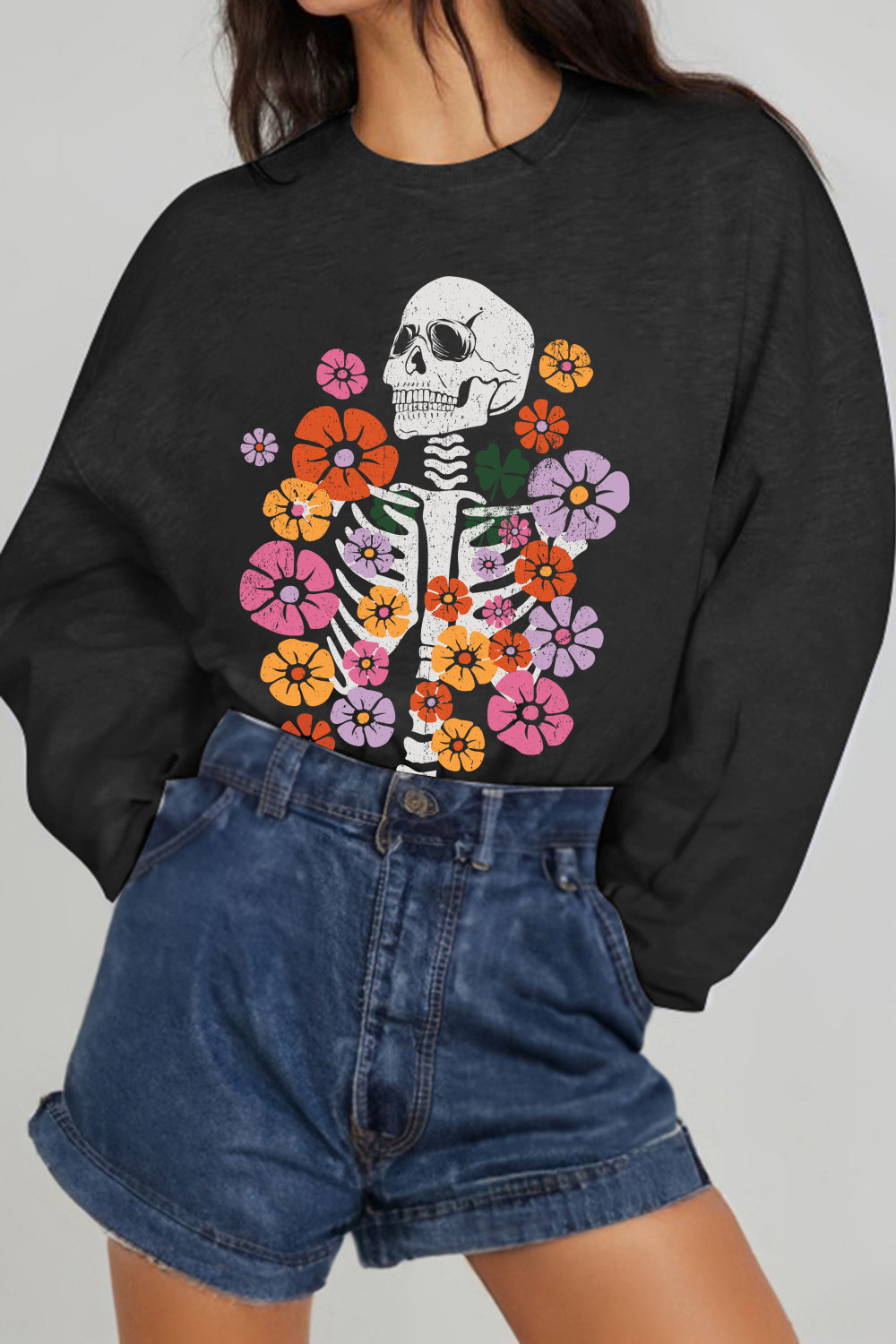 Simply Love Simply Love Full Size Flower Skeleton Graphic Sweatshirt-Jewearrings