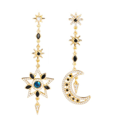 Star Moon Asymmetric S925 Silver Needle Drop Earrings-Jewearrings