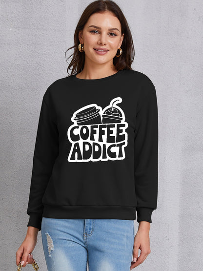 COFFEE ADDICT Round Neck Dropped Shoulder Sweatshirt-Jewearrings