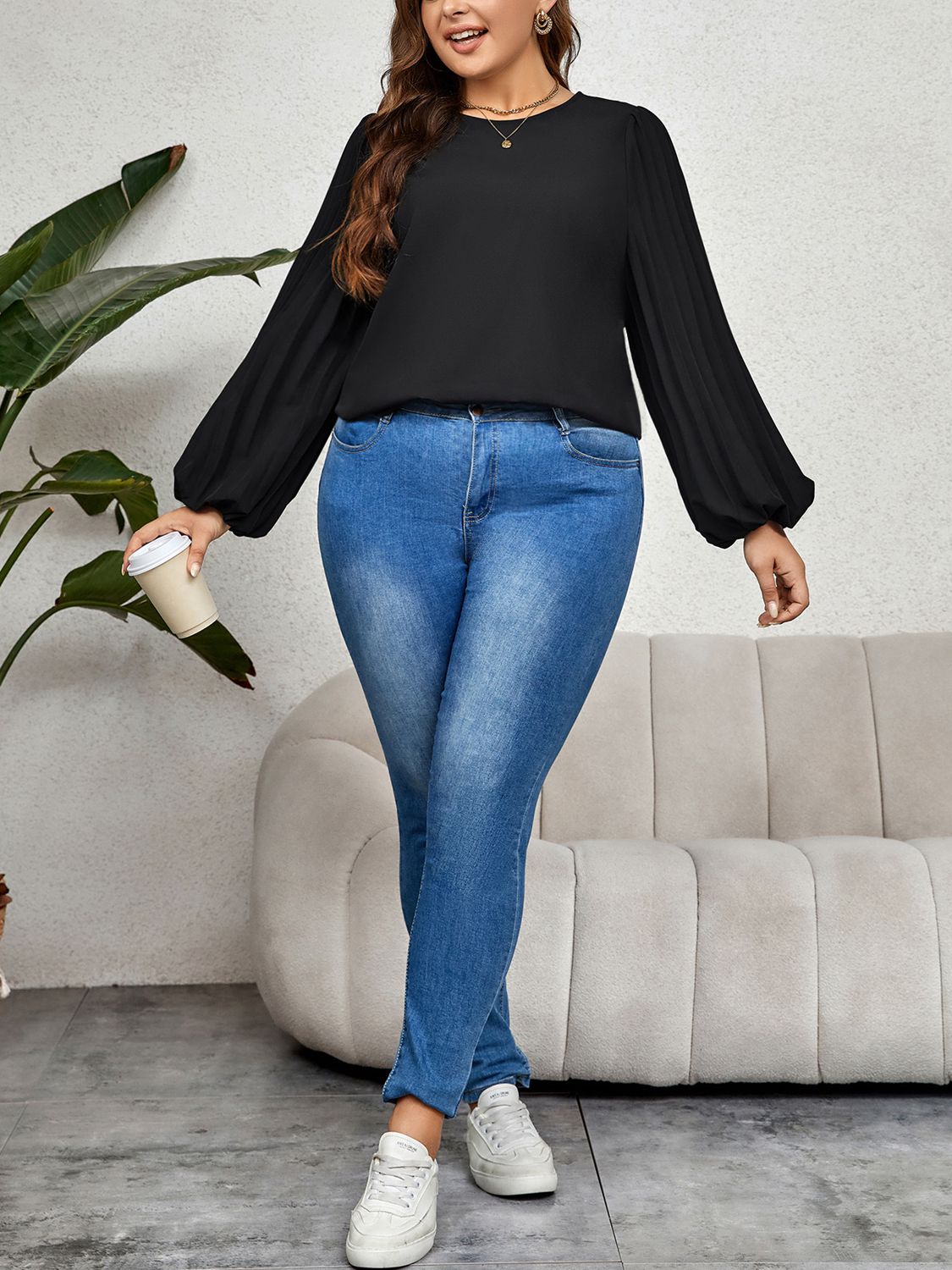 Plus Size Round Neck Puff Sleeve Blouse-Jewearrings